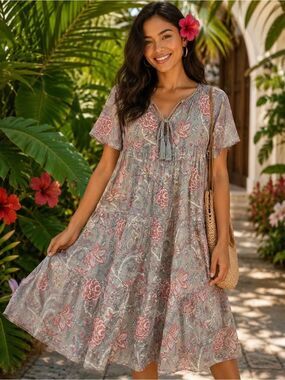 The Fox And The Mermaid Grey Pink Floral Venice Floral Tiered Midi Dress M/L